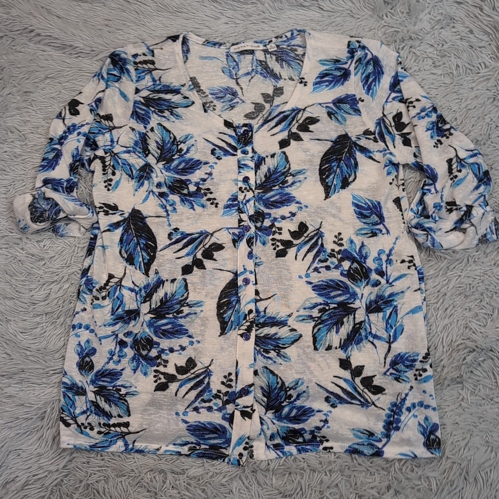 Notations Shirt Womens M Blue‎ Floral Blouse Sheer Top Button Up Casual Comfort